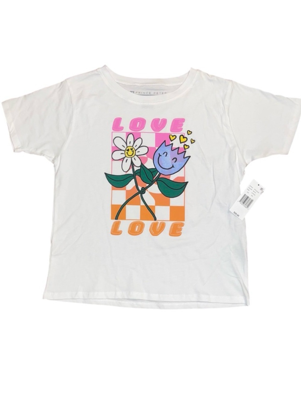 Prince Peter White Short Sleeve Top Flower Love Pink Orange Girls NWT XL Boxy